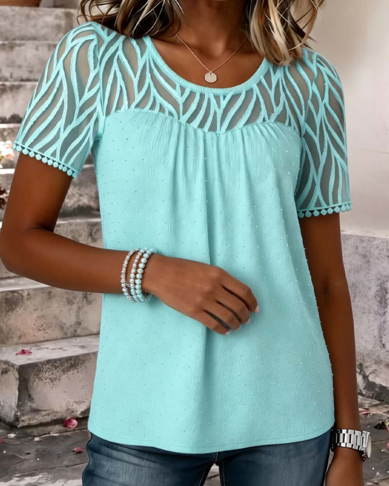 Bluzka Siatka Patchwork Jednolity Kolor