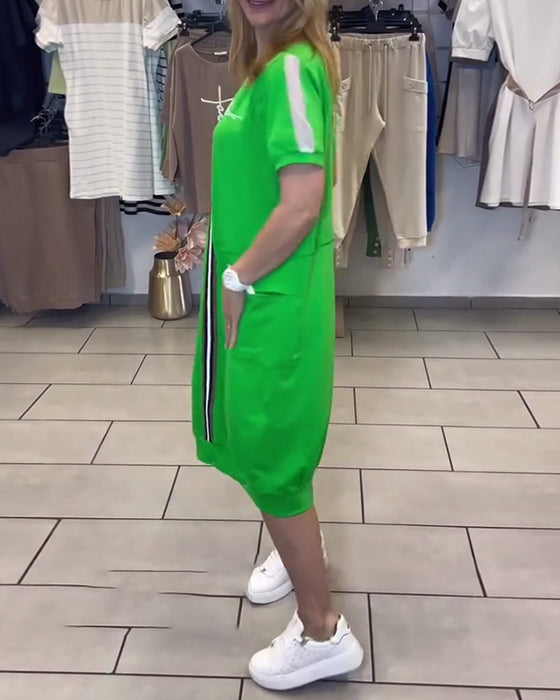 Sukienka Krótki Rękaw Wzorzysta Prosta
