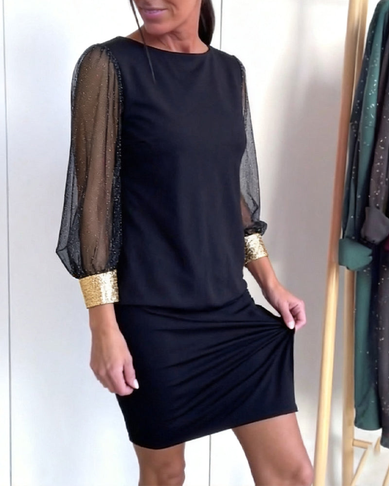 Sukienka Tiul Kontrast Kolorów Długi Rękaw