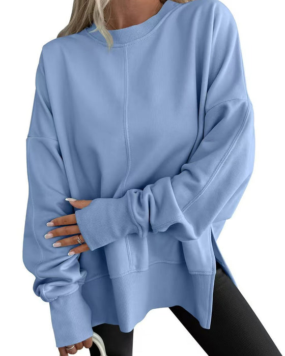 Bluza Boczne Rozcięcie Okrągły Dekolt Luźny