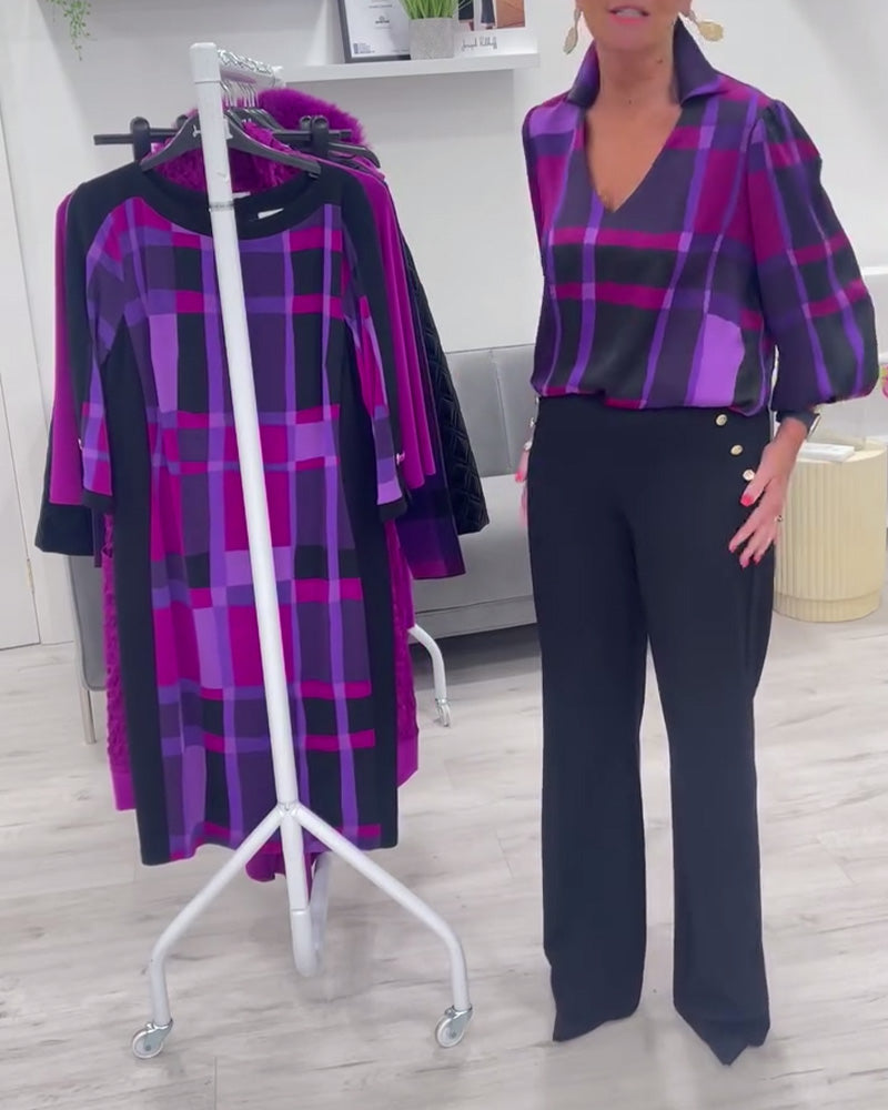 Bluzka w dużą kratę z dekoltem w kształcie litery V