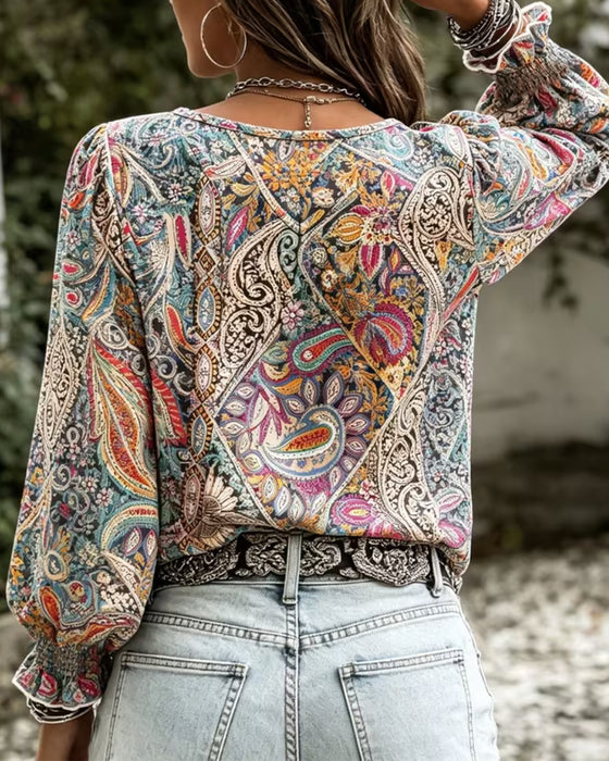 Bluzka V-Szyja Bohemian Bąbelkowe Rękaw