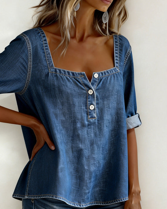 Koszula Kwadratowy Dekolt Denim Pół Rękaw