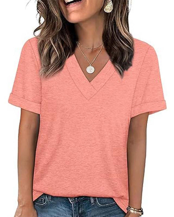 T-Shirt Jednokolorowy Dekolt W Kształcie Litery V Casual Krótki Rękaw