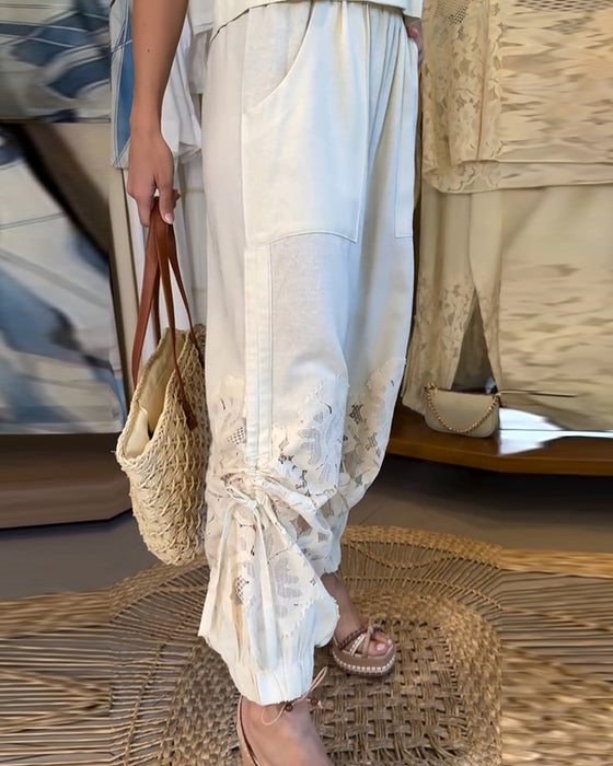 Pants Jednolity Kolor Koronka Patchwork Marszczony Długi
