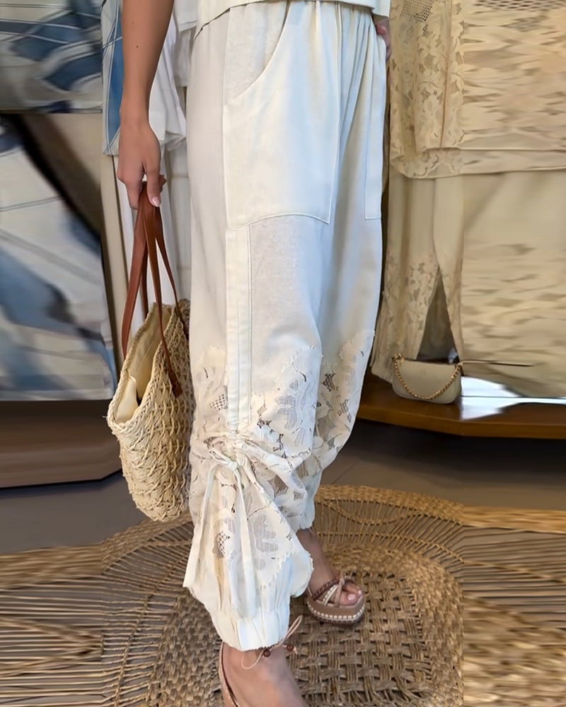 Pants Jednolity Kolor Koronka Patchwork Marszczony Długi