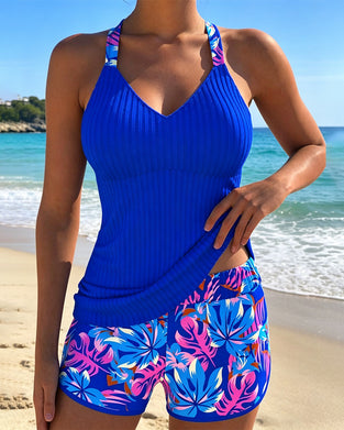 Tankini Prążkowane Z Nadrukiem W Stylu Bokserki