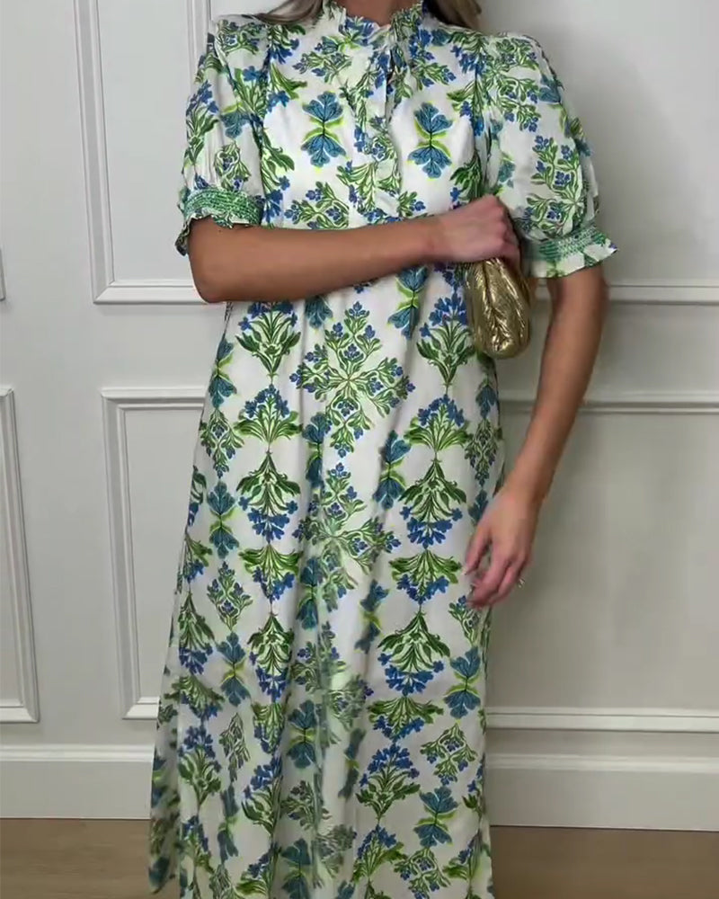 Sukienka Roślinny Nadruk Stójka