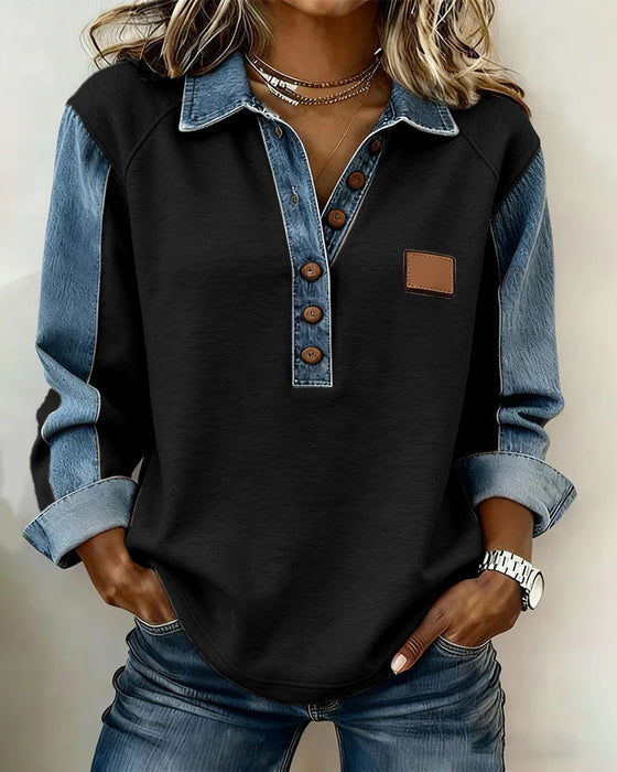 Bluza Dresowa Stylowa Dżins Patchwork Długi Rękaw