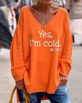 Sweter Dekolt V Nadruk Z Napisem Luźny Casual