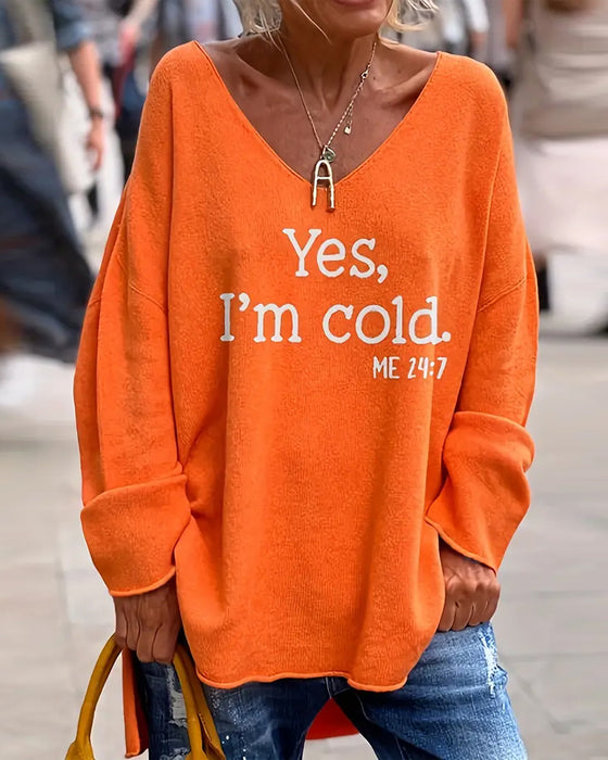 Sweter Dekolt V Nadruk Z Napisem Luźny Casual