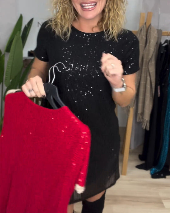 Elegancka sukienka z okrągłym dekoltem i cekinami