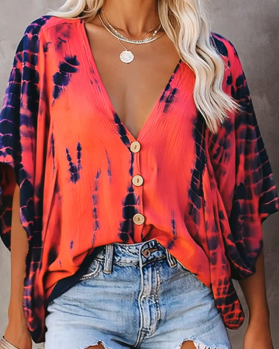 Bluzka V-Szyja Tie-Dye Swobodny
