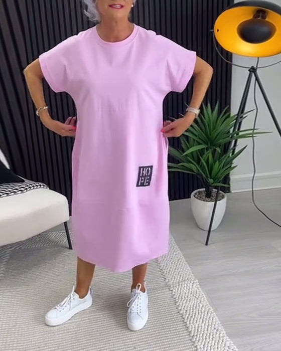 Sukienka Krótki Rękaw Swobodna Prosta Kieszeń
