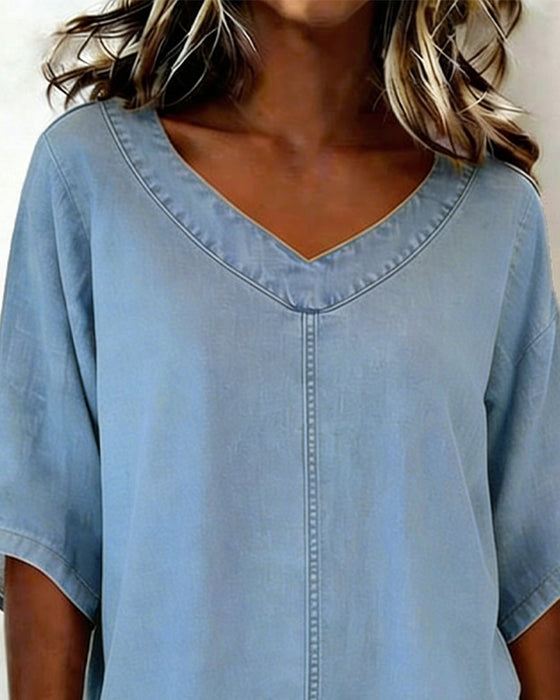 Top V-Dekolt Swobodny Denim