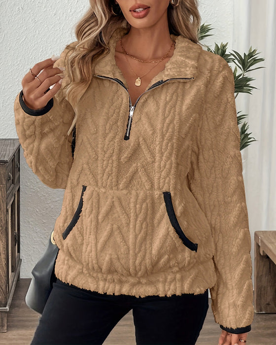 Bluza Z Klapami Zipper Przód Welurowy