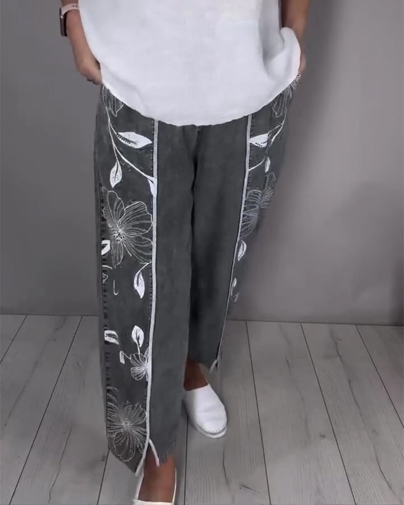 Jeans Kwiatowy Nadruk Znoszony