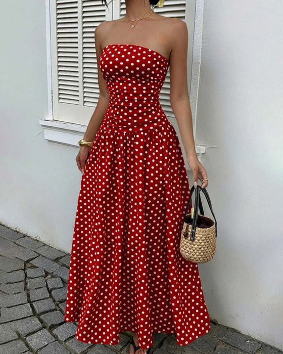Sukienka Bandeau W Kropki Linia A Długa