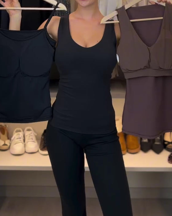 Tank Top Dekolt U Bez Rękawów Slim Fit Jednolita Z Wbudowanym Biustonoszem