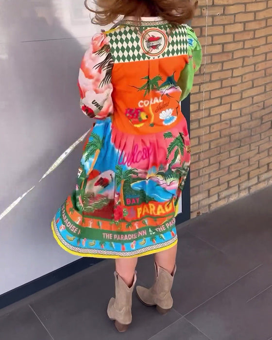 Sukienka z długim rękawem i kolorowym nadrukiem