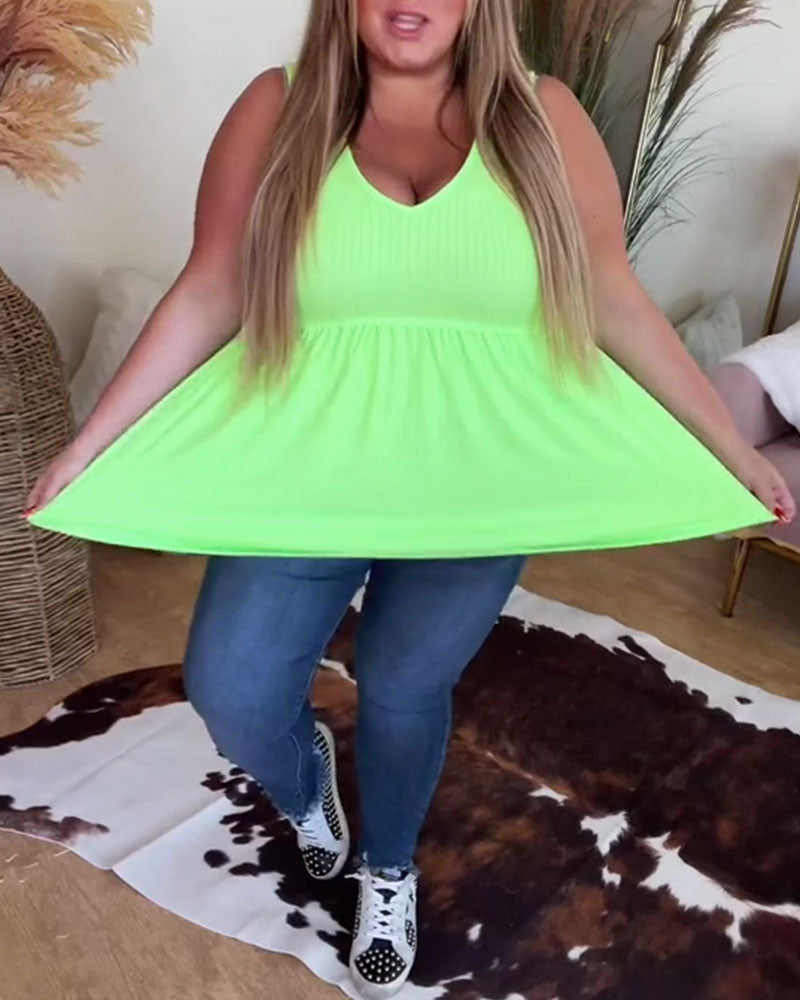 Top Bez Rękawów Dekolt V Prążkowany Luźny