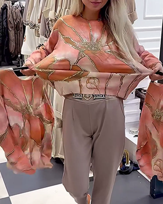 Luźny Sweter z Okrągłym Dekoltem i Wzorem