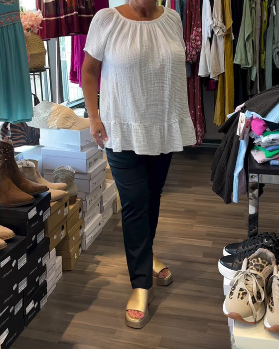 Bluzka Okrągły Dekolt Marszczona Luźna Jednolita
