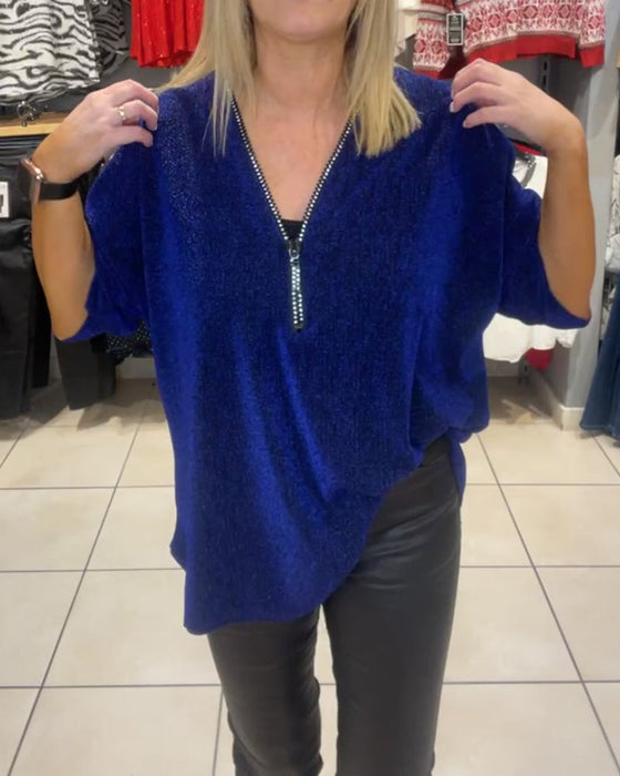 Swobodna bluzka z długim rękawem i zamkiem błyskawicznym