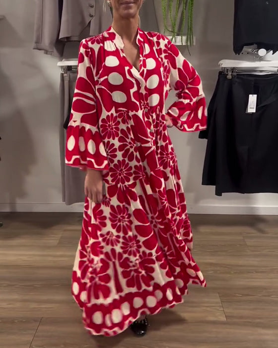 Sukienka V-Neck Luźny Plus Size Kwiatowy Nadruk