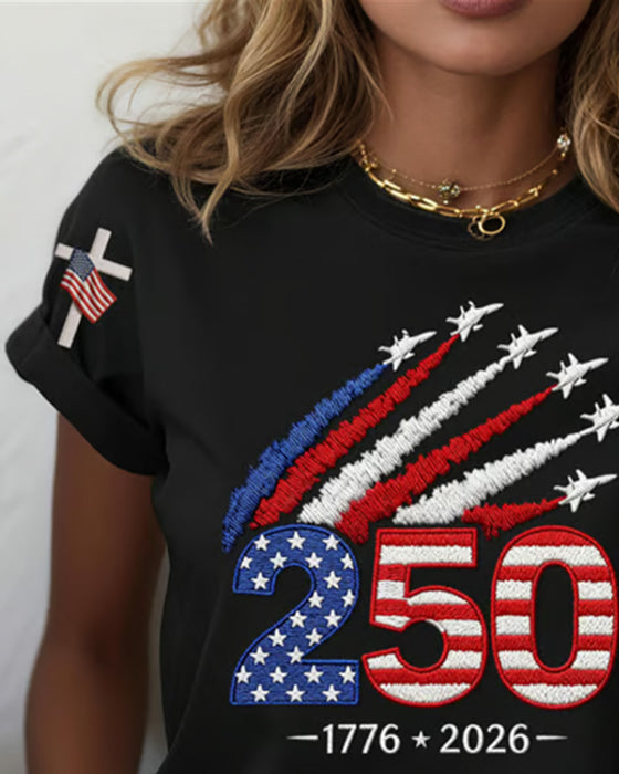 T-Shirt Flaga Samolot Nadruk Krótki Rękaw