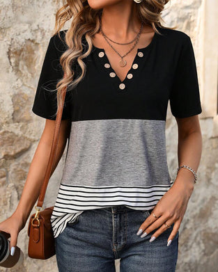 T-Shirt Casual Pasiasty Kontrastowy Kolor