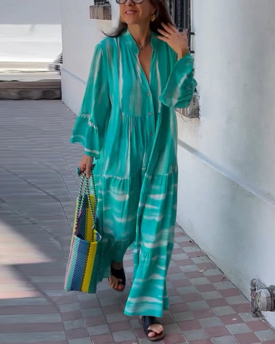 Luźna długa sukienka z dekoltem w kształcie litery V z rozszerzanymi rękawami