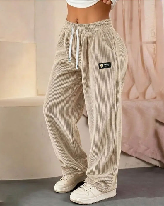 Spodnie Pionowy Sztruks Sznurek Szeroka Noga Casual