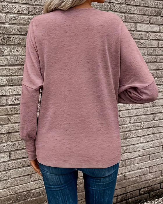 T-Shirt Mock Neck Gładki Guzik Długi Rękaw