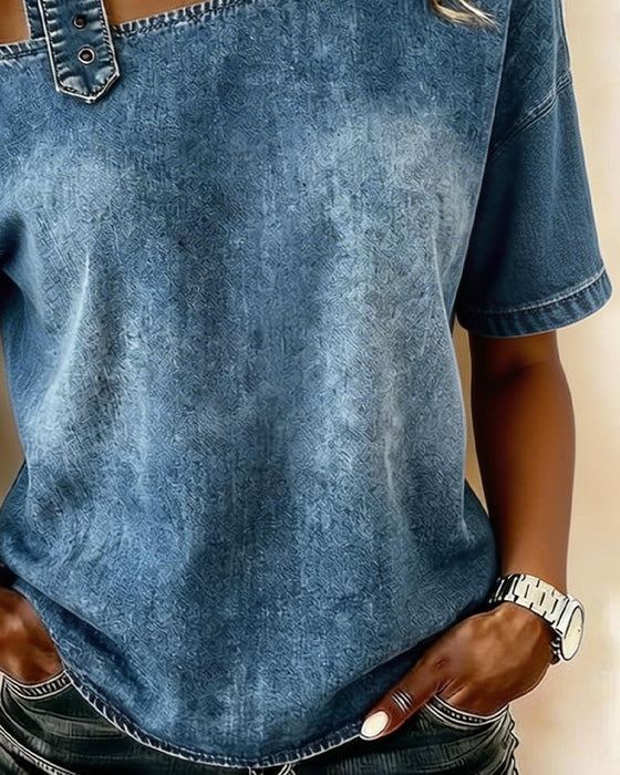 Top Jedno Ramię Metal Klamra Denim
