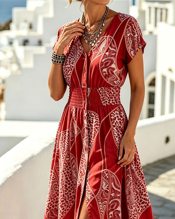 Sukienka Lampart Wzór V-Neck Guzik Talia