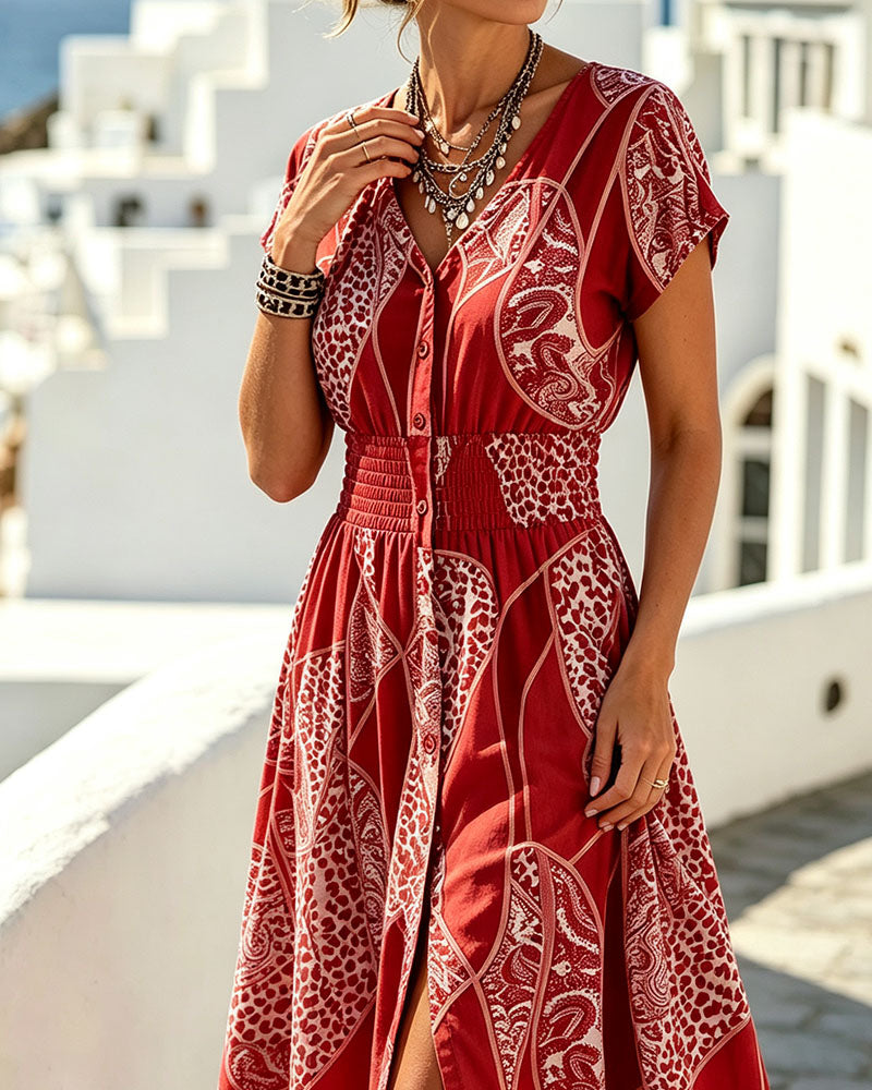 Sukienka Lampart Wzór V-Neck Guzik Talia