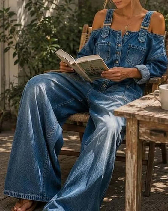 Jumpsuit Ramiączko Spaghetti Odkryte Ramię Szeroka Noga Denim