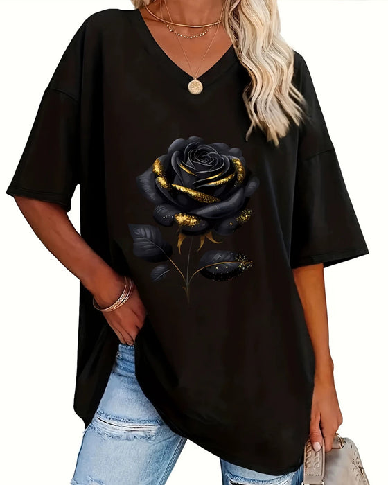 T-Shirt Wzór Róża Luźny Krój Półrękawek