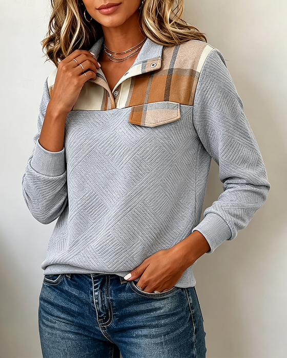 Bluza W Kratę Patchwork Żakard Klapa
