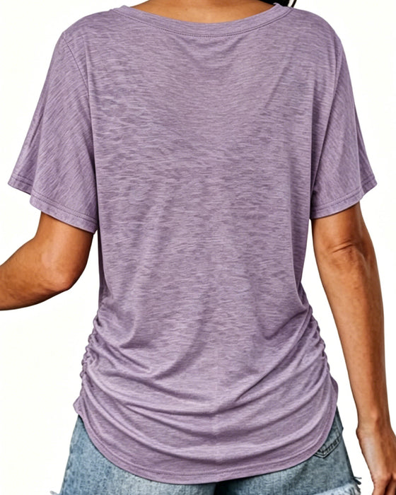 T-Shirt Plisowany Jednokolorowy Dekolt W Serek