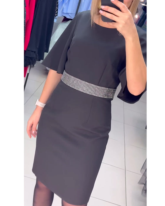 Sukienka Okrągły Dekolt Rozkloszowane Połowa Rękawów Talia