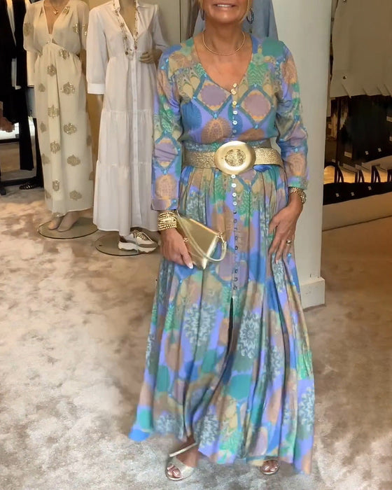 Sukienka z długim rękawem i rozcięciem na guziki w stylu vintage