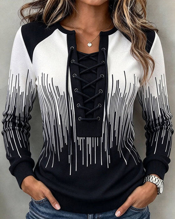 Sweatshirt Wiązany Linia Blok Kolorów Dopasowany