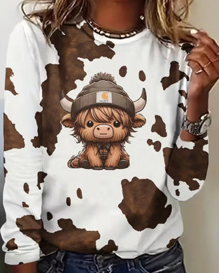 Top Animal Print Okrągły Dekolt Długi Rękaw