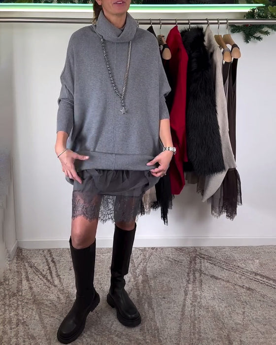 Sukienka z Ramiączkami Koronkowa Siateczka Garnitur Wysoki Kołnierz Rękawy Nietoperza