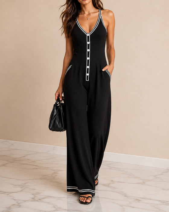 Jumpsuit Bez Rękawów Kontrast Ramiączko Spaghetti