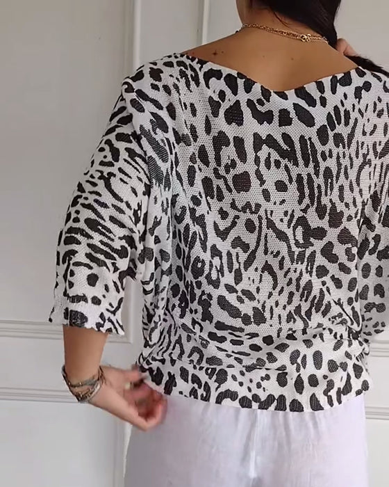 Sweter Trzy Czwarte Rękawa Leopard Luźny