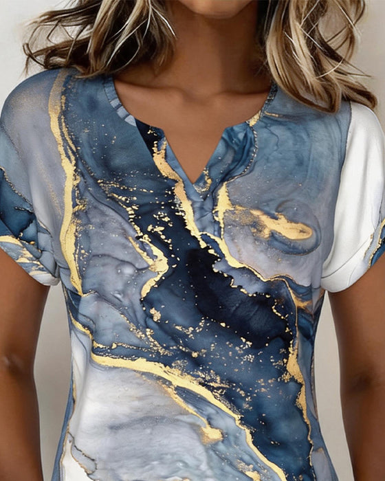 T-Shirt Marmurkowy Druk Dekolt W