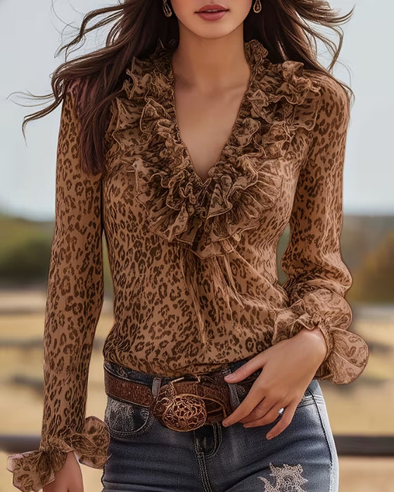 Bluzka Plisowany Dekolt W Serek Leopardzi Print